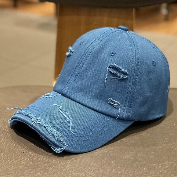 Blue Distressed‎ Baseball Ball Cap Hat Dad Solid Blank, Plain Men Women Cotton - Picture 2 of 3